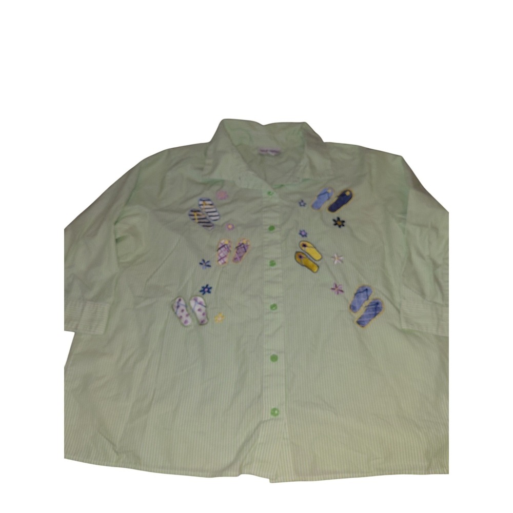 Breckenridge Woman Green Striped Flip Flop Embroidered Button Up Shirt 2X